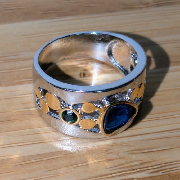 Gold & Silver Ring with Green and Blue CZ Stones – Like New - Picture 4 of 4